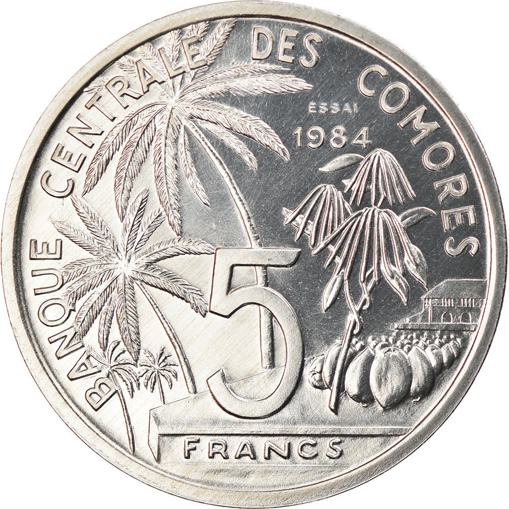 Coin, Comoros, 5 Francs, 1984, Paris, ESSAI, MS(65-70), Aluminium, KM:E9