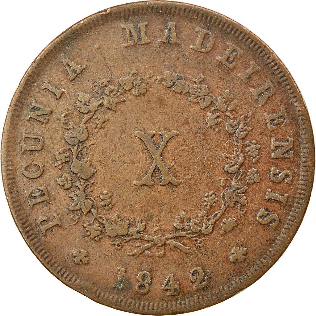 Coin, MADEIRA ISLANDS, Maria II, 10 Reis, 1842, VF(30-35), Copper