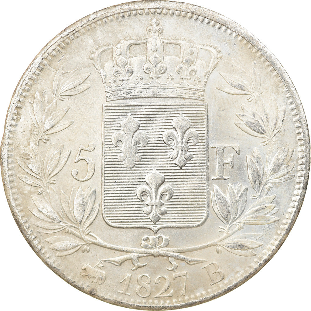 Coin, France, Charles X, 5 Francs, 1827, Rouen, EF(40-45), Silver, KM:728.2