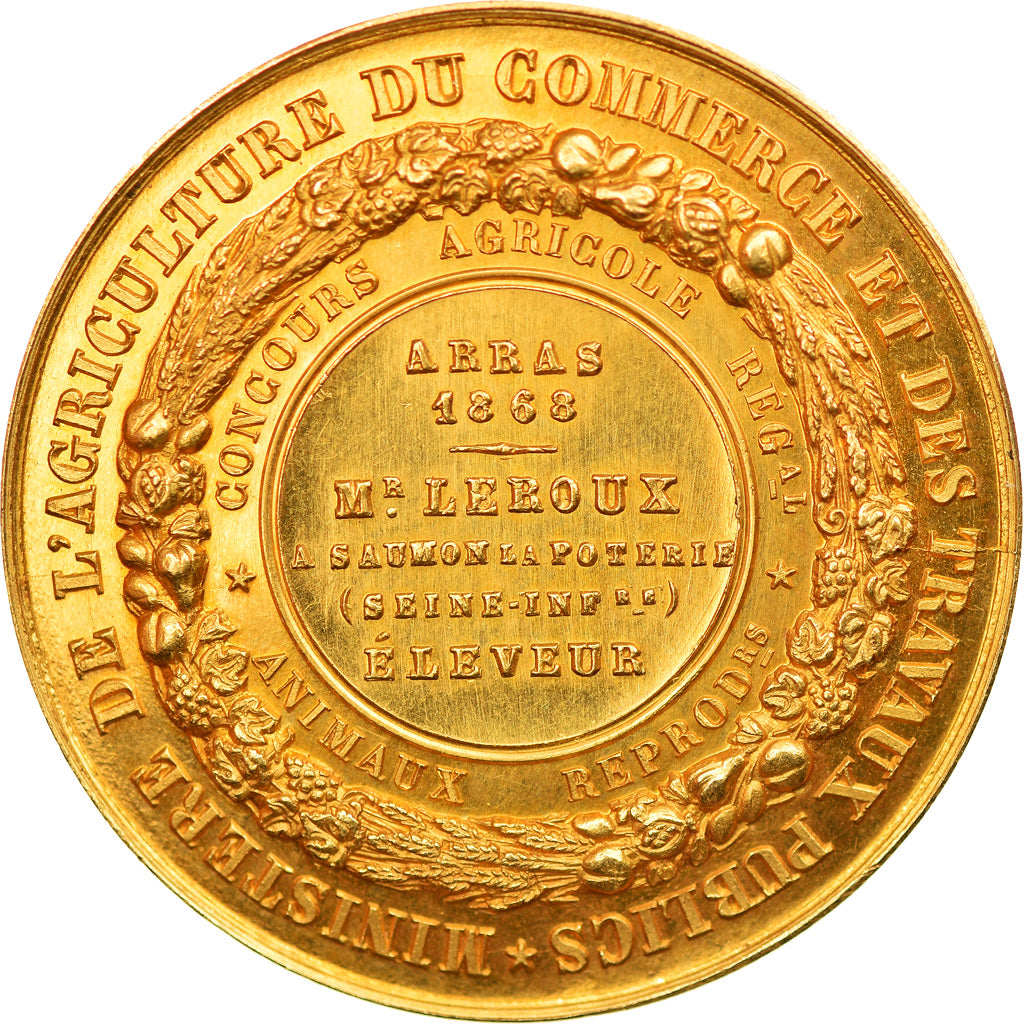 France, Médaille, Napoléon III, Concours Agricole Arras, 1868, Barre, SPL, Or
