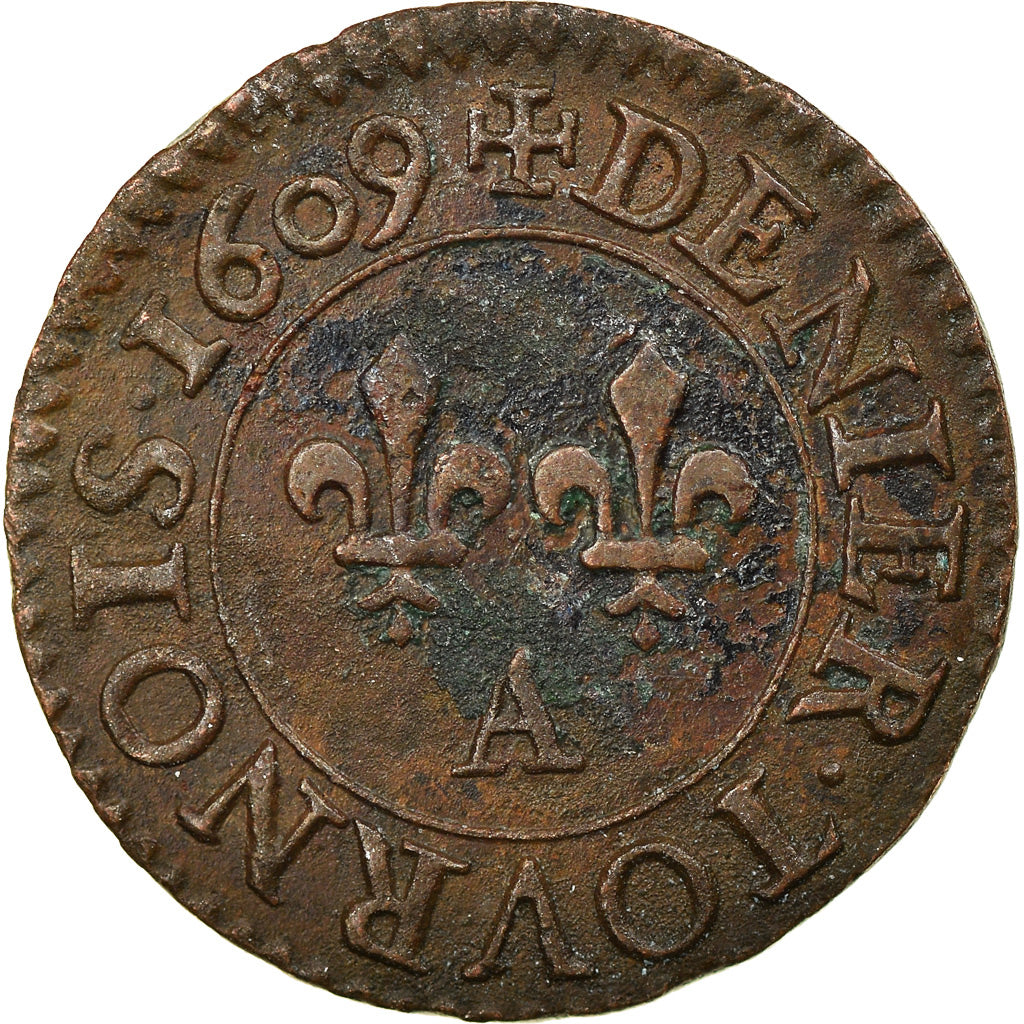 Coin, France, Henri IV, Denier Tournois, 1609, Paris, AU(50-53), Copper