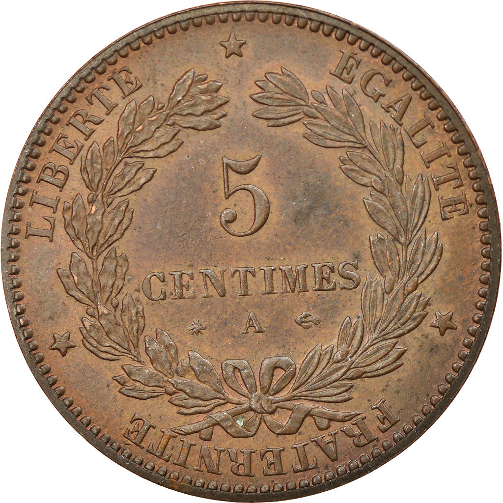 Moeda, França, Cérès, 5 Centimes, 1875, Paris, MS(60-62), Bronze, KM:821.1
