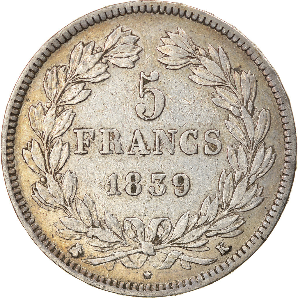 Moneda, Francia, Louis-Philippe, 5 Francs, 1839, Bordeaux, MBC, Plata, KM:749.7