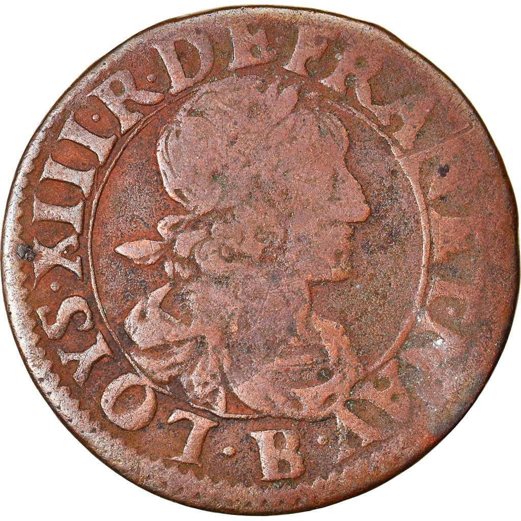 Moneta, Francia, Louis XIII, Double tournois, buste laurée et drapé, Double
