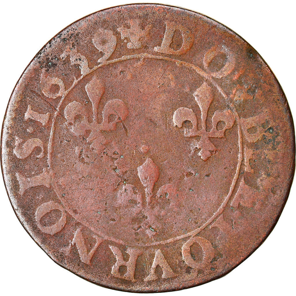 Moneta, Francia, Louis XIII, Double tournois, buste laurée et drapé, Double