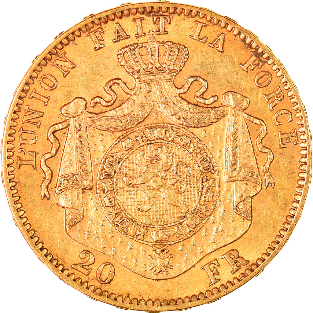 Moeda, Bélgica, Leopold II, 20 Francs, 20 Frank, 1877, AU(50-53), Dourado