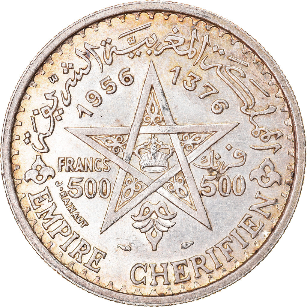 Coin, Morocco, Mohammed V, 500 Francs, 1956/AH1376, Paris, AU(55-58), Silver