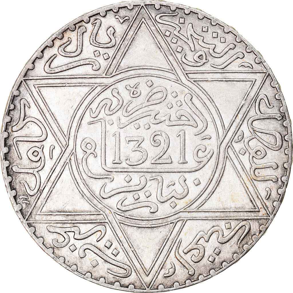 Coin, Morocco, 'Abd al-Aziz, Rial, 10 Dirhams, 1903, Paris, AU(55-58), Silver