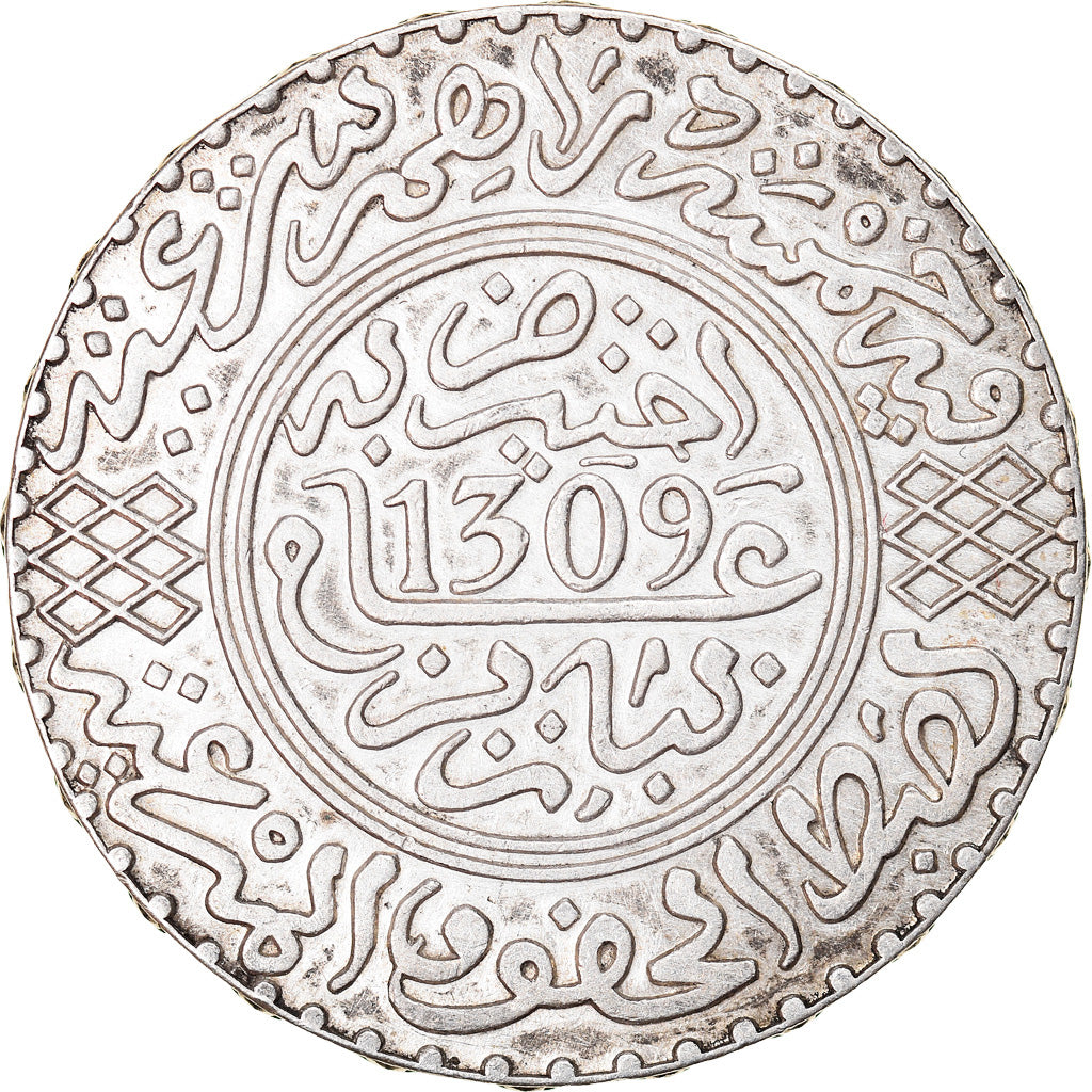 Coin, Morocco, Moulay al-Hasan I, 5 Dirhams, 1891, Paris, AU(50-53), Silver
