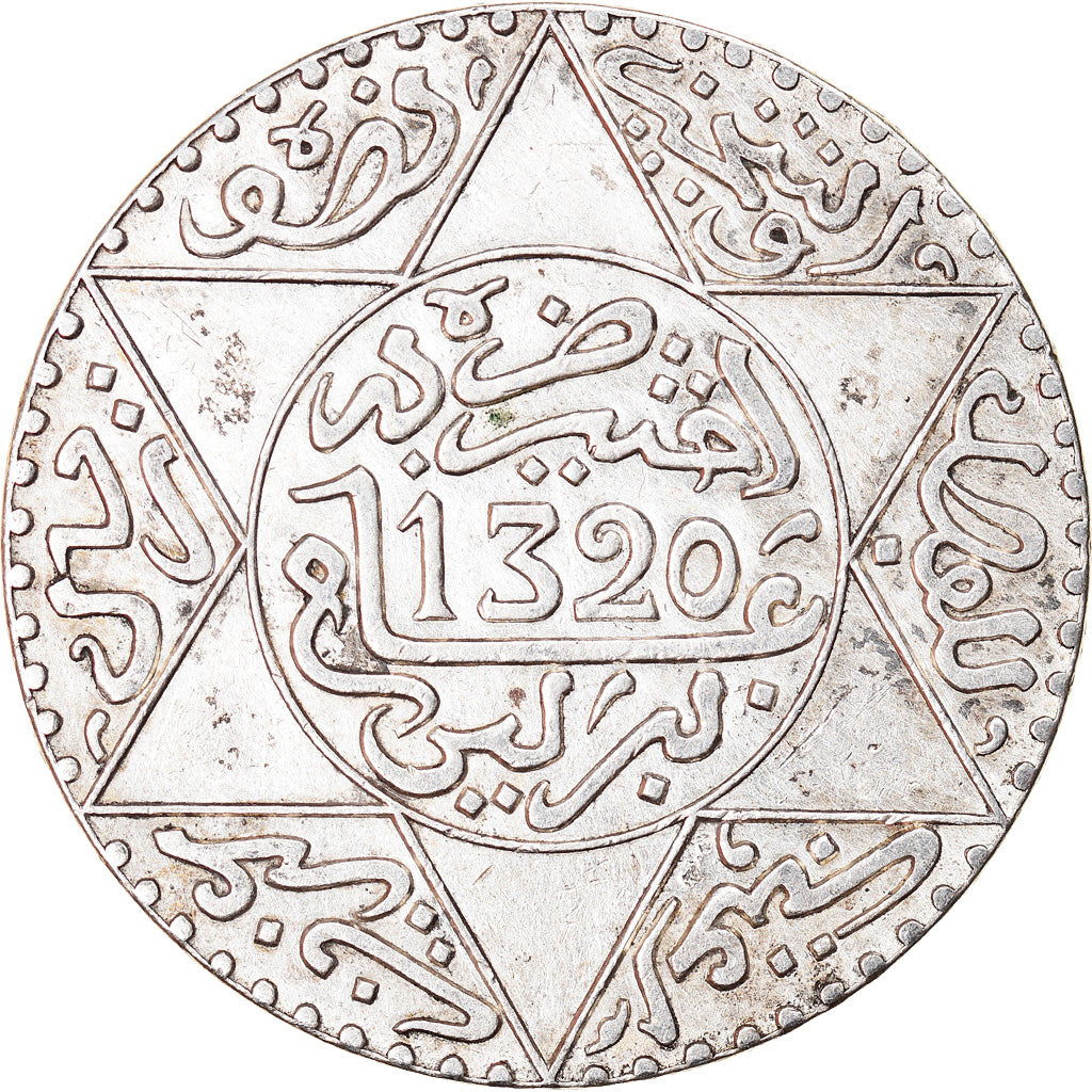 Coin, Morocco, 'Abd al-Aziz, 1/2 Rial, 5 Dirhams, 1902, Berlin, AU(50-53)
