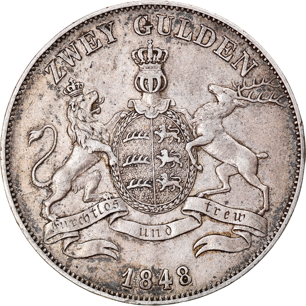 Coin, German States, WURTTEMBERG, Wilhelm I, 2 Gulden, 1848, AU(50-53), Silver