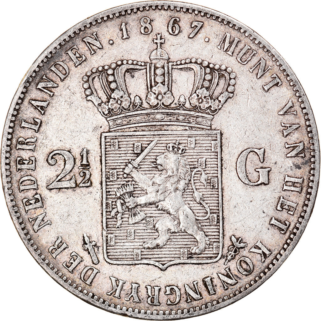 Coin, Netherlands, William III, 2-1/2 Gulden, 1867, Utrecht, EF(40-45), Silver