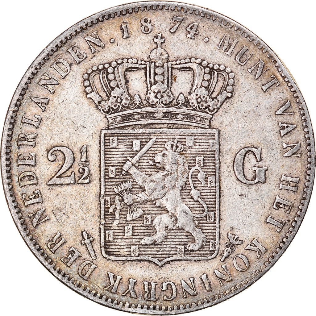 Coin, Netherlands, William III, 2-1/2 Gulden, 1874, Utrecht, EF(40-45), Silver