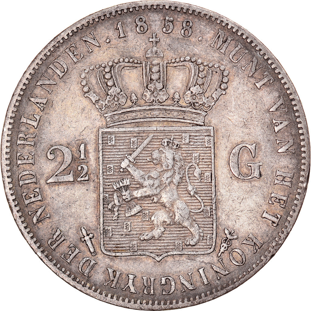 Coin, Netherlands, William III, 2-1/2 Gulden, 1858, AU(50-53), Silver, KM:82