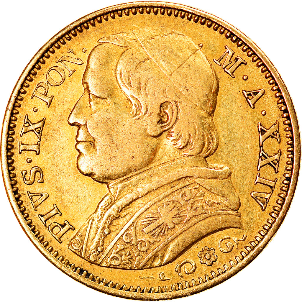 Moneda, Estados italianos, PAPAL STATES, Pius IX, 20 Lire, 1869, Roma, MBC, Oro