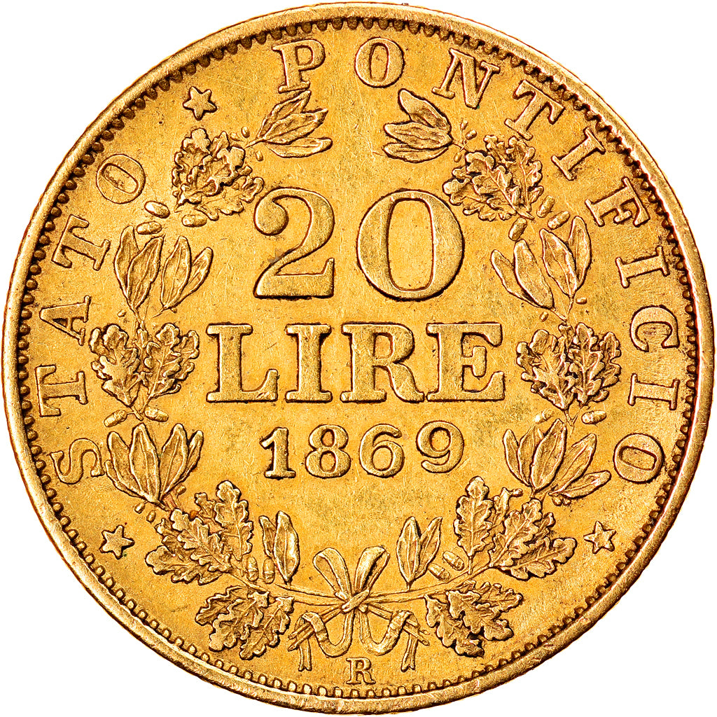 Moneda, Estados italianos, PAPAL STATES, Pius IX, 20 Lire, 1869, Roma, MBC, Oro