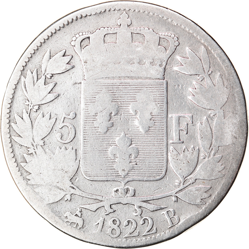 Moneta, Francia, Louis XVIII, Louis XVIII, 5 Francs, 1822, Rouen, B, Argento