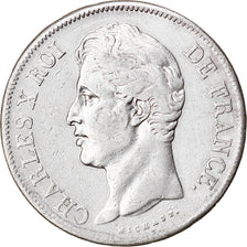 Moeda, França, Charles X, 5 Francs, 1827, Bordeaux, EF(40-45), Prata, KM:728.7