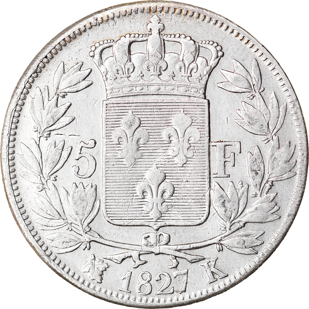 Coin, France, Charles X, 5 Francs, 1827, Bordeaux, EF(40-45), Silver, KM:728.7