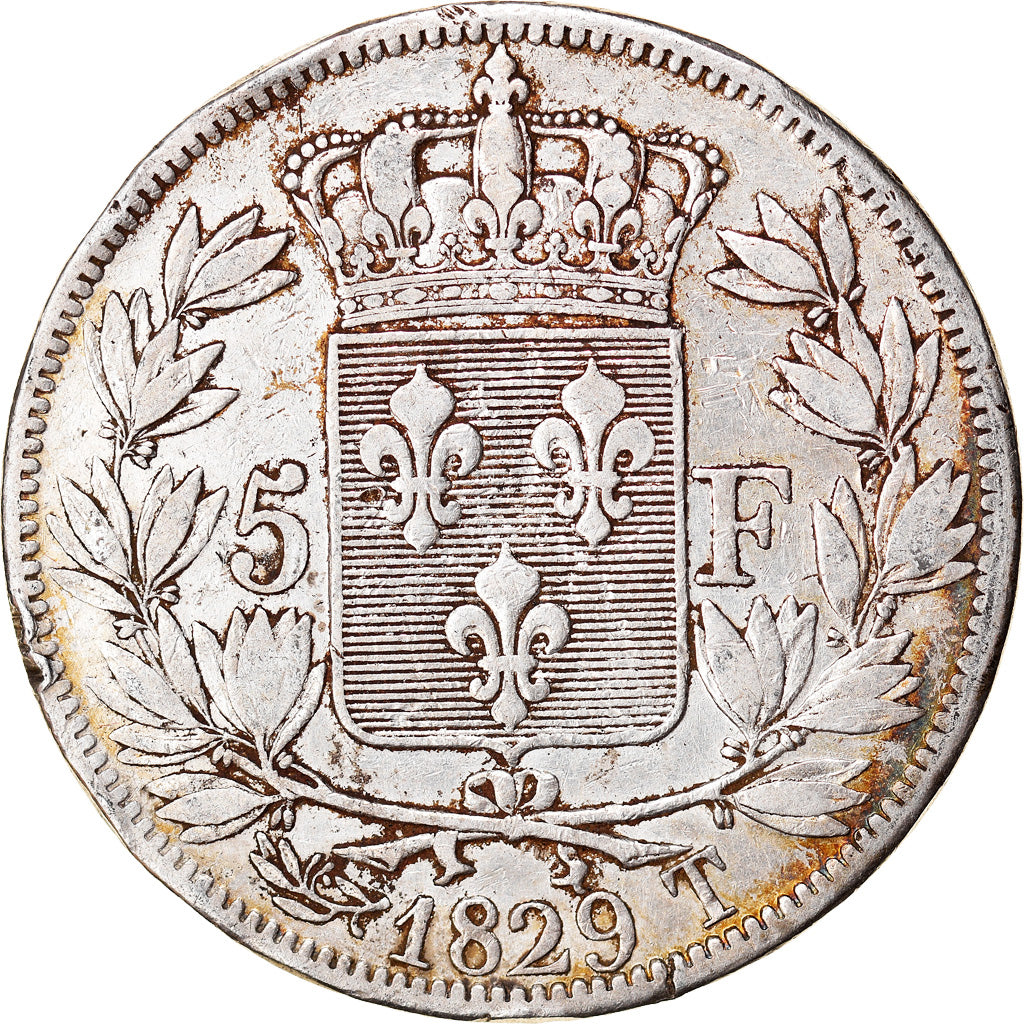 Moneda, Francia, Charles X, 5 Francs, 1829, Nantes, BC+, Plata, KM:728.12