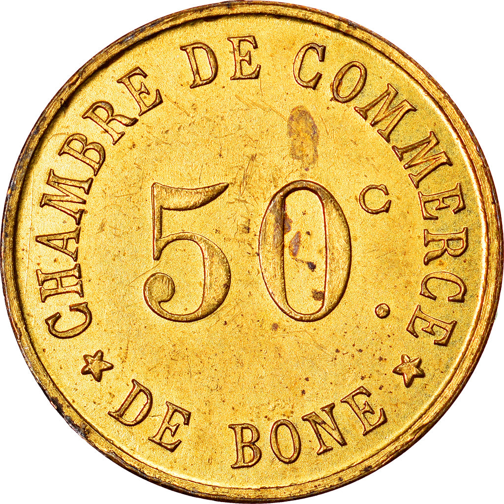 Coin, Algeria, Chambre de Commerce, Bône, 50 Centimes, AU(55-58), Brass