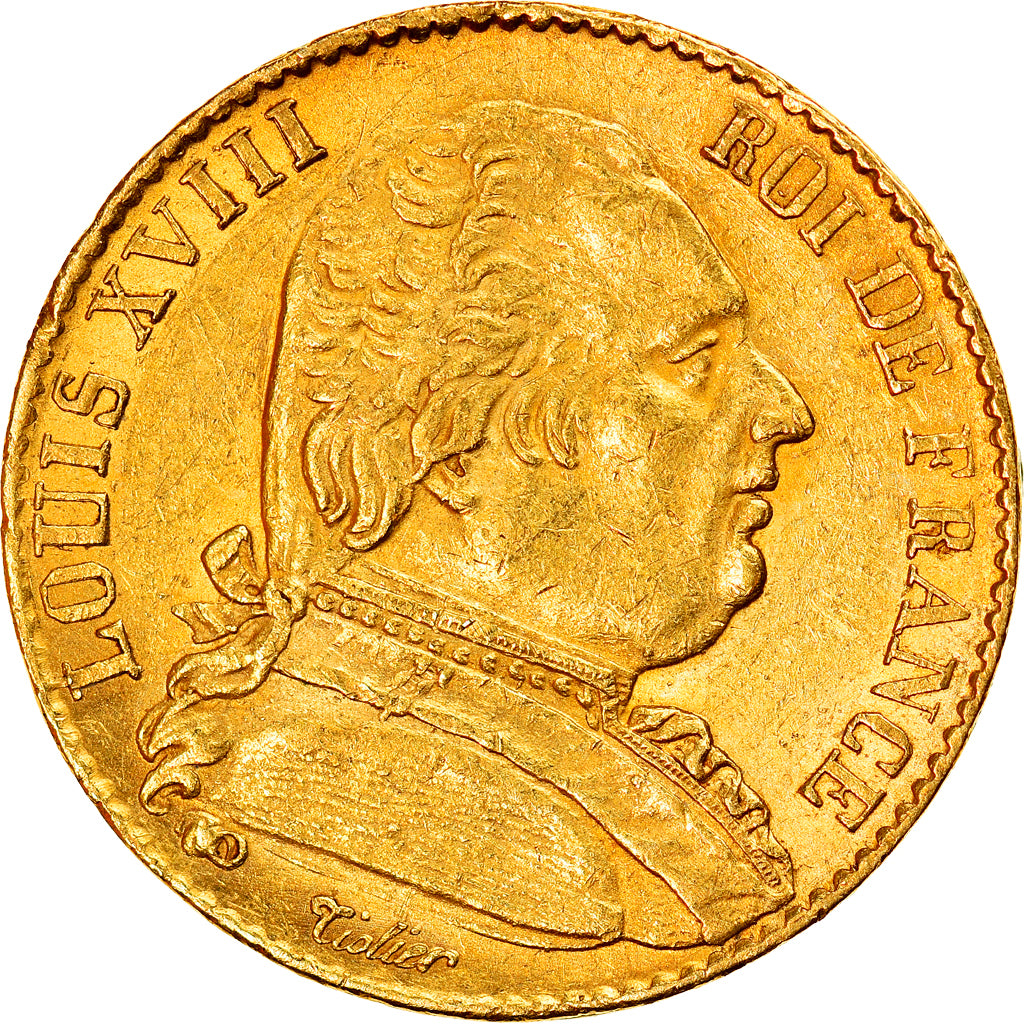 Coin, France, Louis XVIII, 20 Francs, 1814, Paris, AU(50-53), Gold, KM:706.1