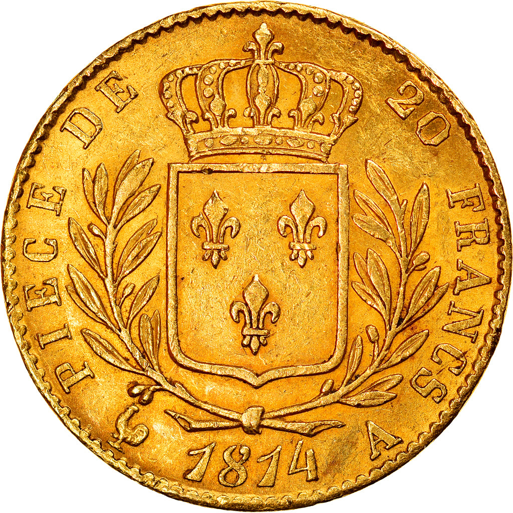 Coin, France, Louis XVIII, 20 Francs, 1814, Paris, AU(50-53), Gold, KM:706.1
