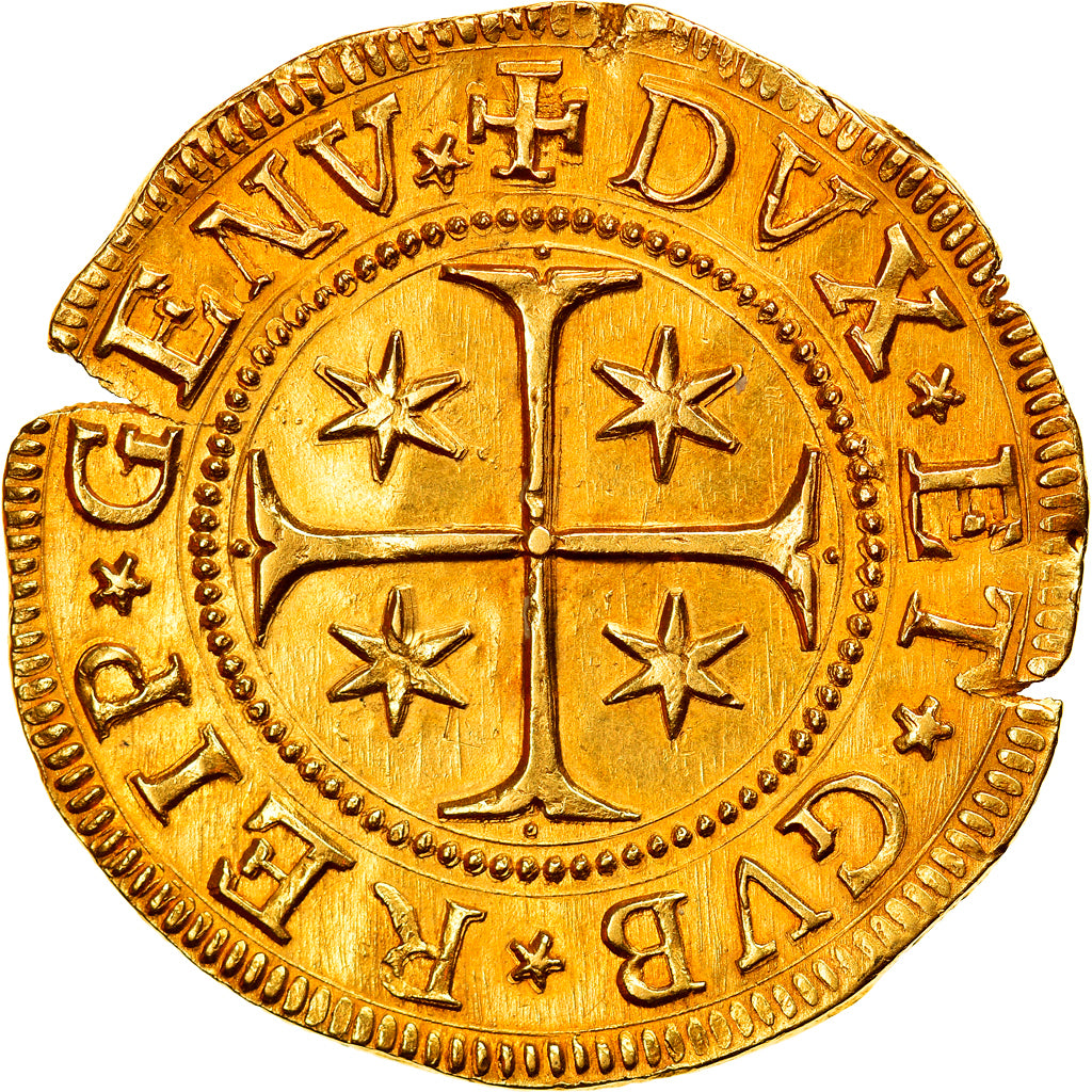 Moneta, DEPARTAMENTY WŁOSKIE, GENOA, 5 Doppie, 1653, AU(55-58), Złoto, KM:100