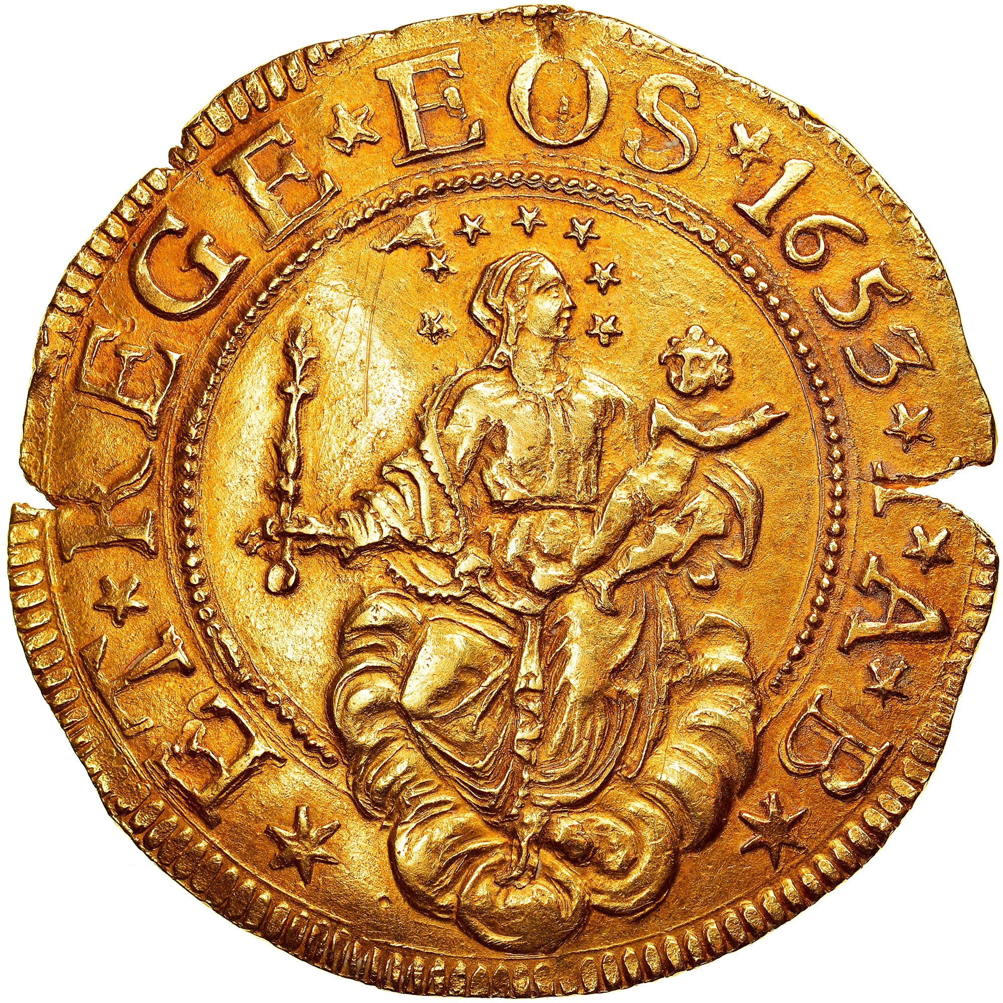 Moneta, DEPARTAMENTY WŁOSKIE, GENOA, 5 Doppie, 1653, AU(55-58), Złoto, KM:100