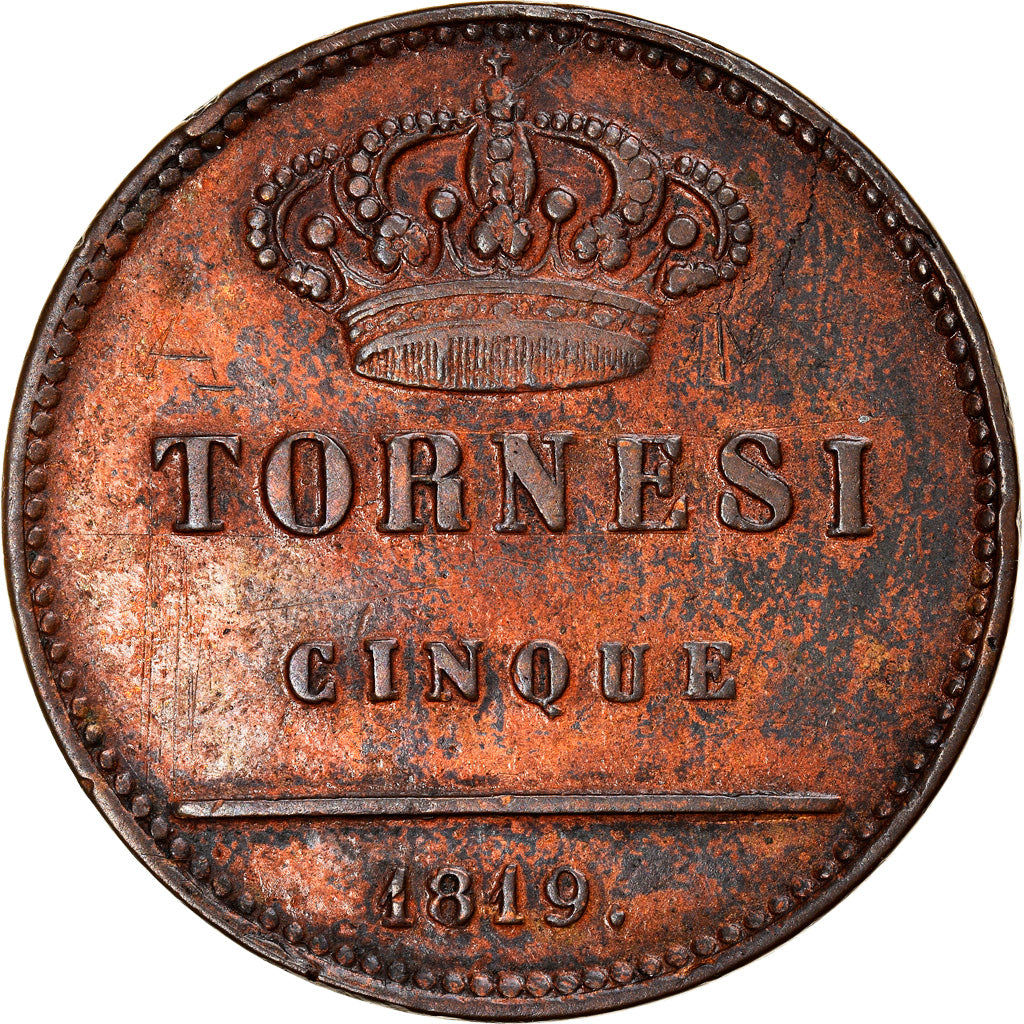 Moneda, Estados italianos, NAPLES, Ferdinando I, 5 Tornesi, 1819, BC+, Cobre