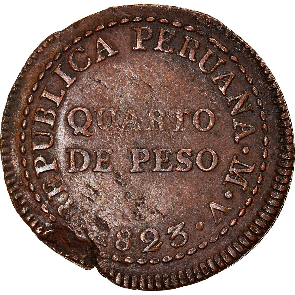 Moneda, Perú, 1/4 Peso, Quarto De; 2 Reales, 1823, Lima, MBC, Cobre, KM:138