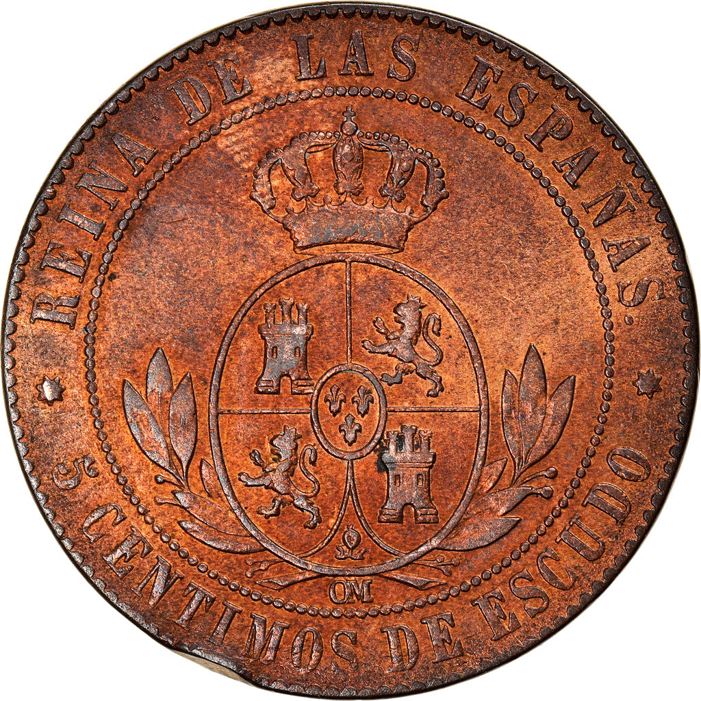 Coin, Spain, Isabel II, 5 Centimos, 1867, Sevilla, EF(40-45), Copper, KM:635.5