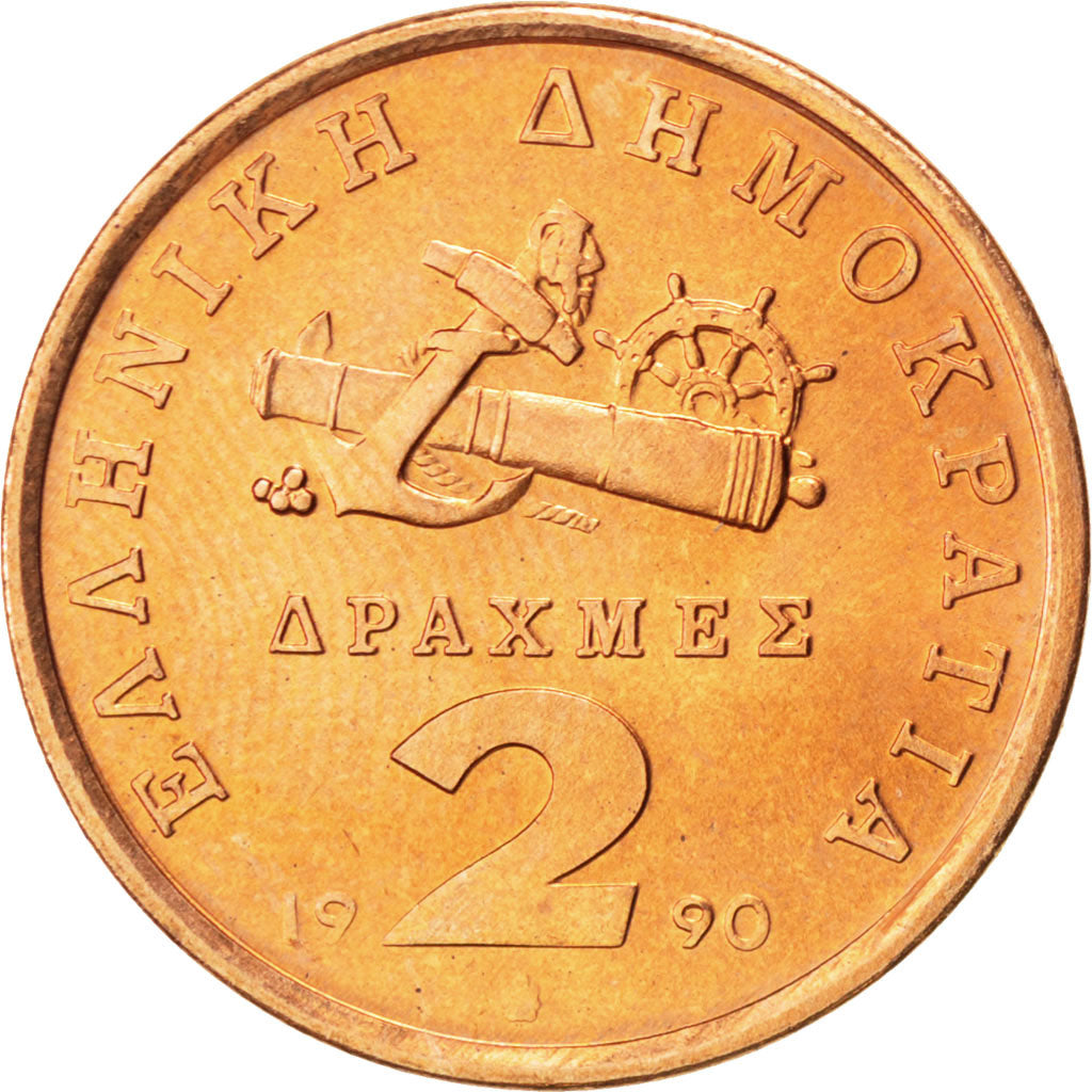 Grecia, 2 Drachmes, 1990, SPL, Rame, KM:151