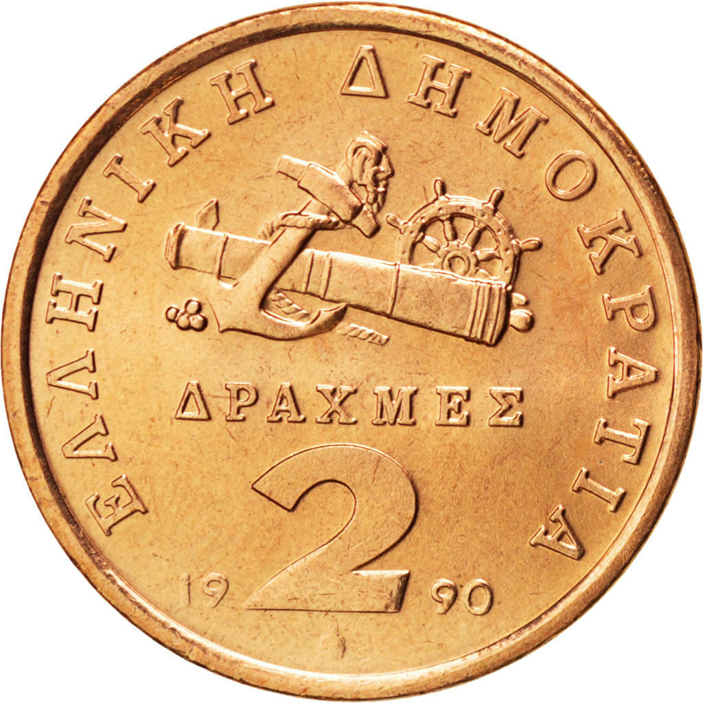 GREECE, 2 Drachmes, 1990, Athens, KM #151, MS(63), Copper, 21, 3.71