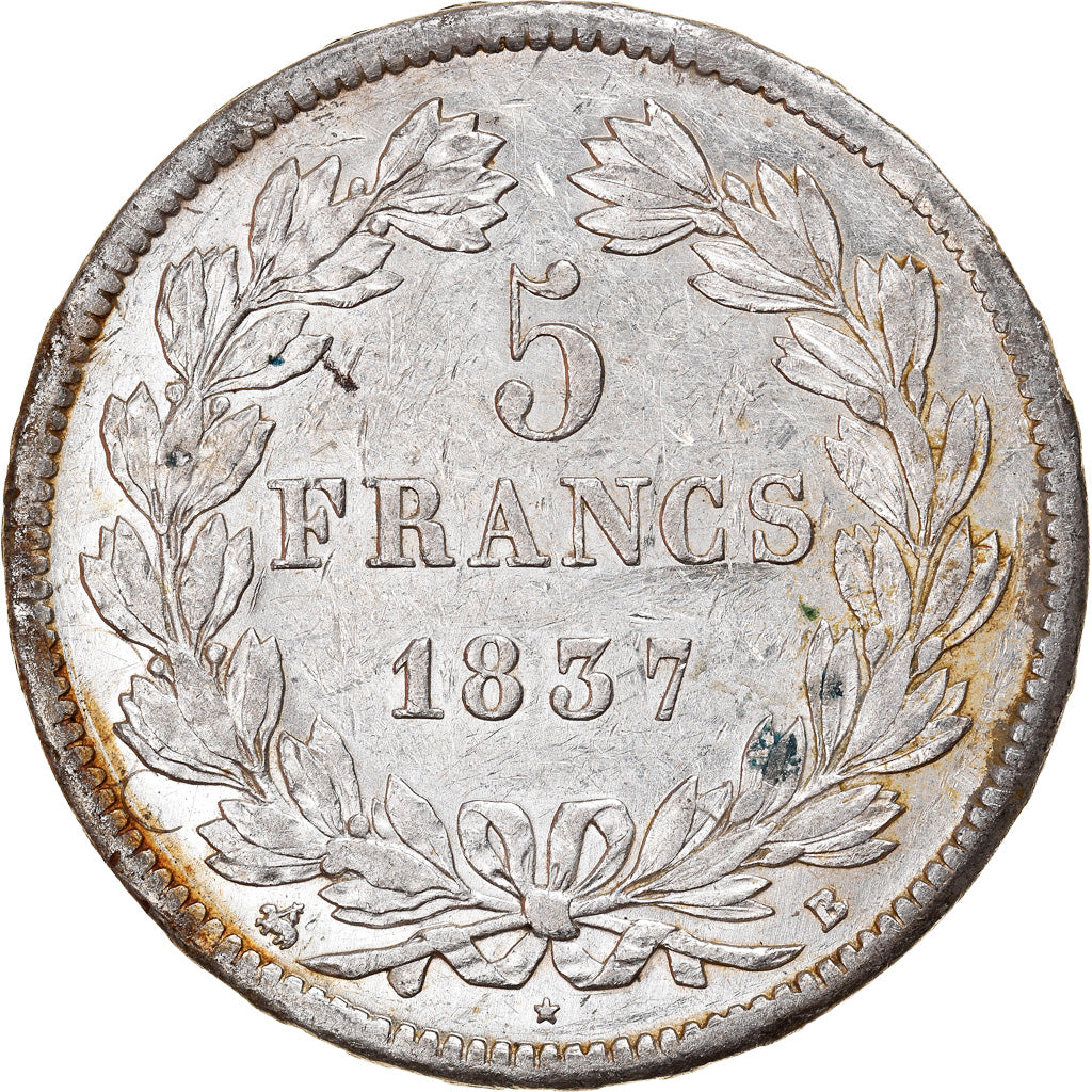 Coin, France, Louis-Philippe, 5 Francs, 1837, Rouen, EF(40-45), Silver
