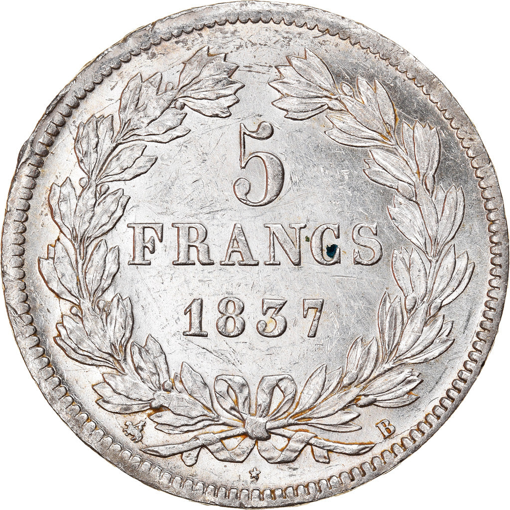 Munten, Frankrijk, Louis-Philippe, 5 Francs, 1837, Rouen, ZF+, Zilver, KM:749.2