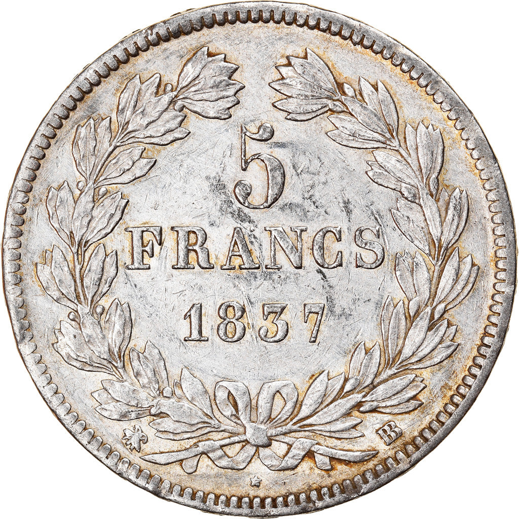 Coin, France, Louis-Philippe, 5 Francs, 1837, Strasbourg, EF(40-45), Silver