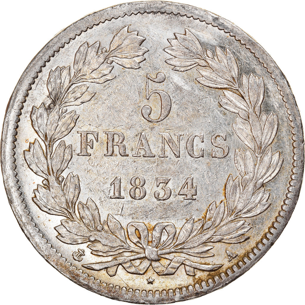 Moneda, Francia, Louis-Philippe, 5 Francs, 1834, Paris, MBC+, Plata, KM:749.1