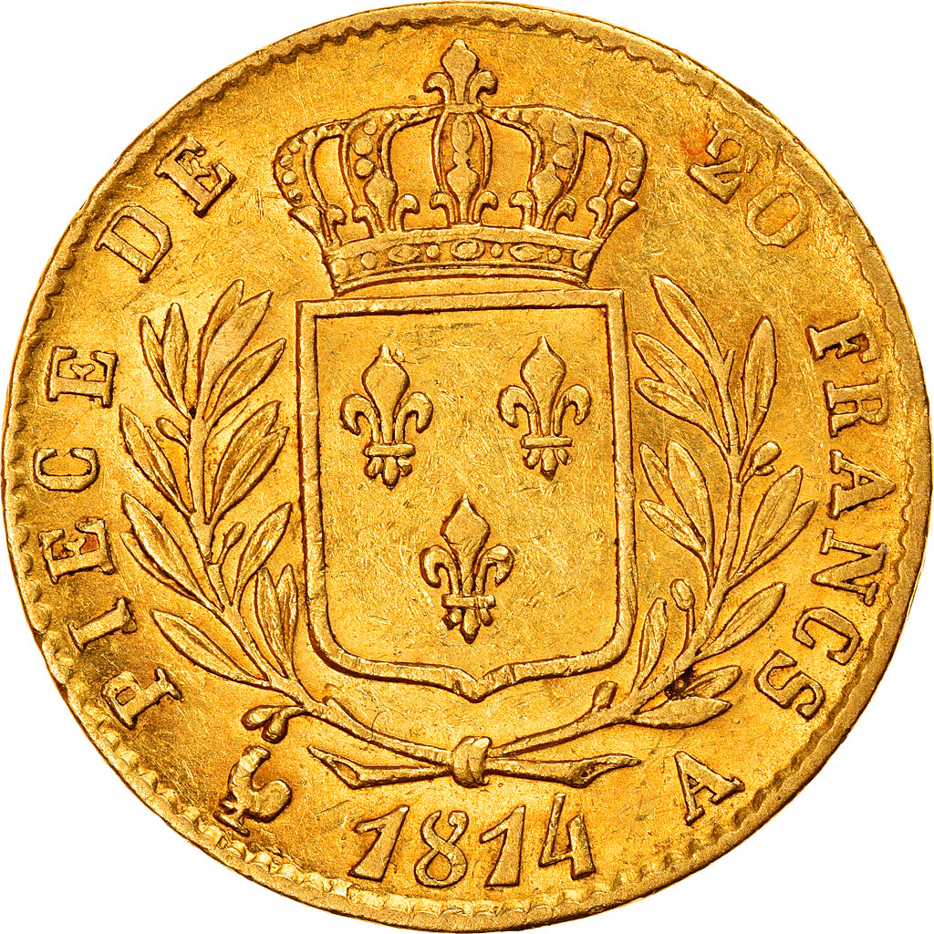 Coin, France, Louis XVIII, Louis XVIII, 20 Francs, 1814, Paris, AU(50-53), Gold