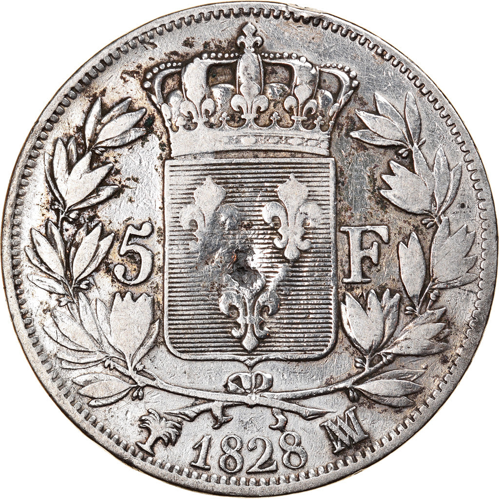 Moneta, Francja, Charles X, 5 Francs, 1828, Paris, VF(20-25), Srebro, KM:728.1