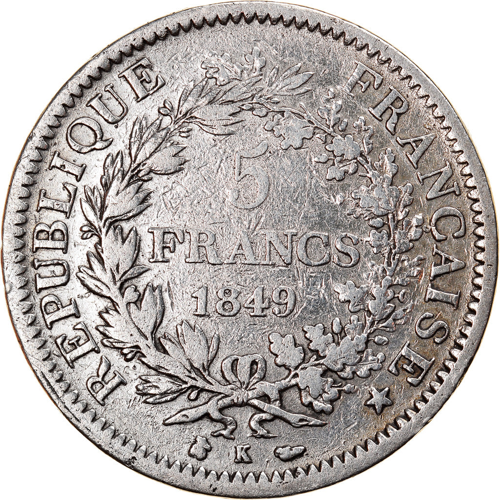 Moneda, Francia, Hercule, 5 Francs, 1849, Bordeaux, BC+, Plata, KM:756.4