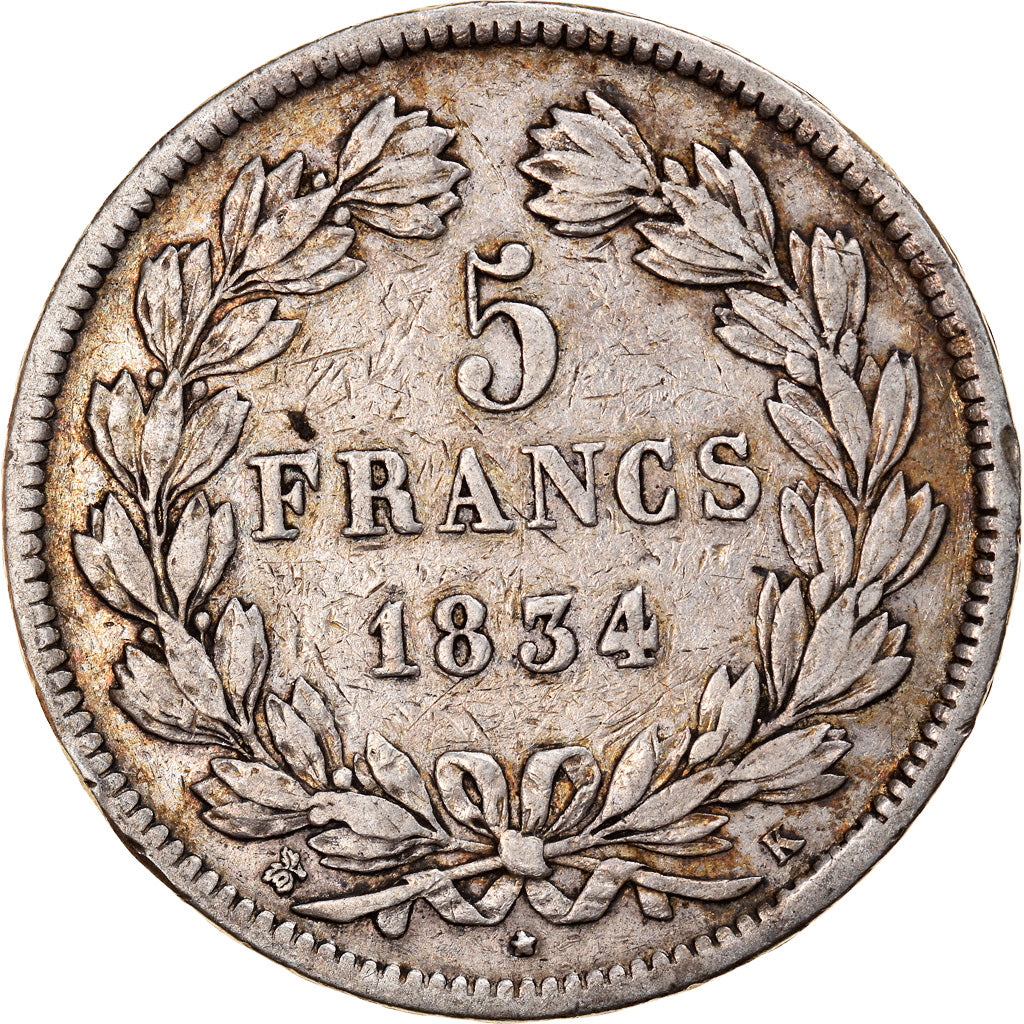 Coin, France, Louis-Philippe, 5 Francs, 1834, Bordeaux, VF(30-35), Silver