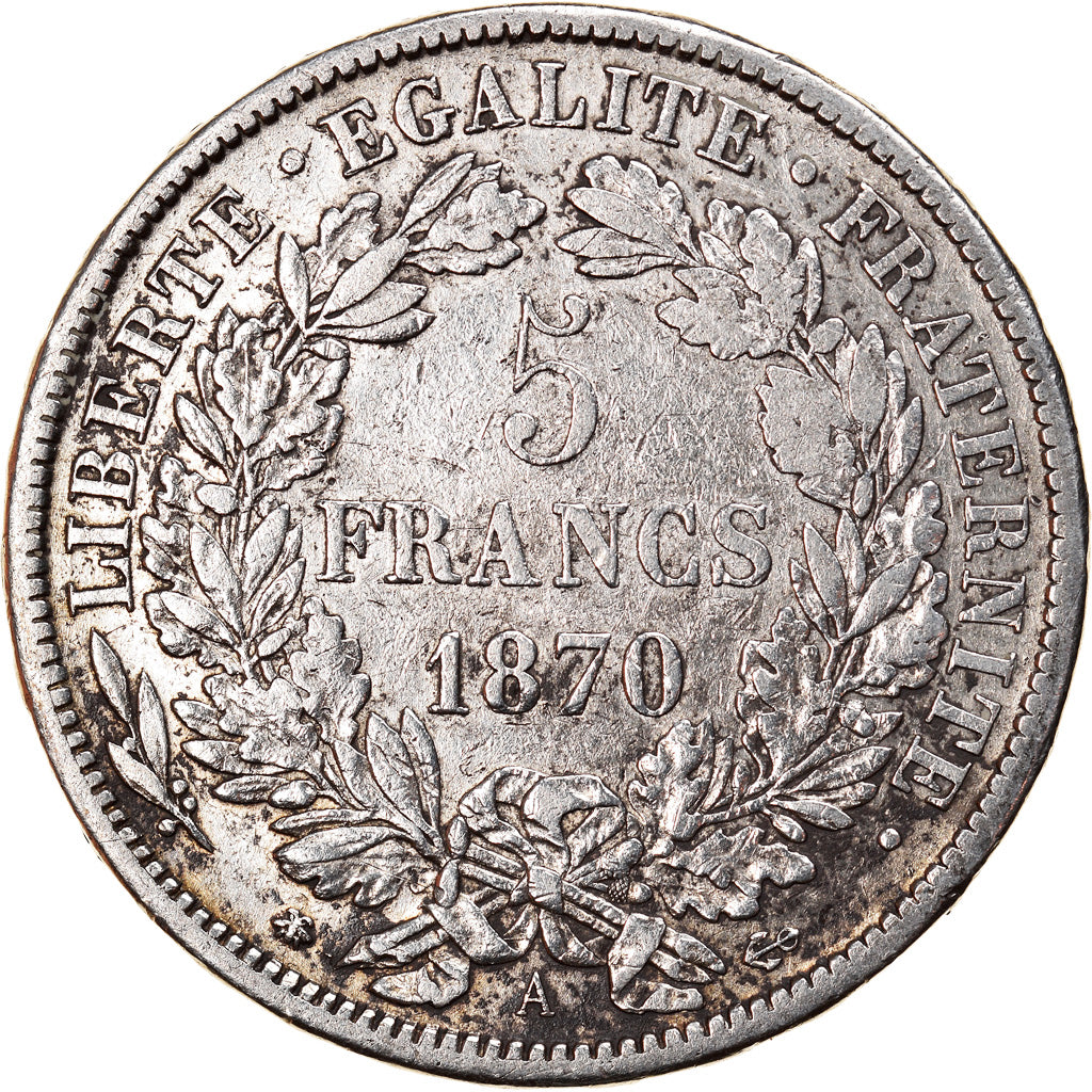 Moneta, Francia, Cérès, 5 Francs, 1870, Paris, MB+, Argento, KM:819