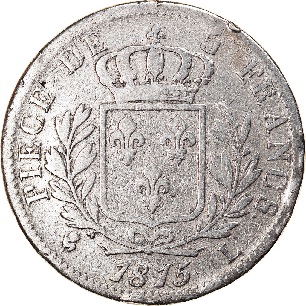 Moneda, Francia, Louis XVIII, Louis XVIII, 5 Francs, 1815, Bayonne, BC, Plata