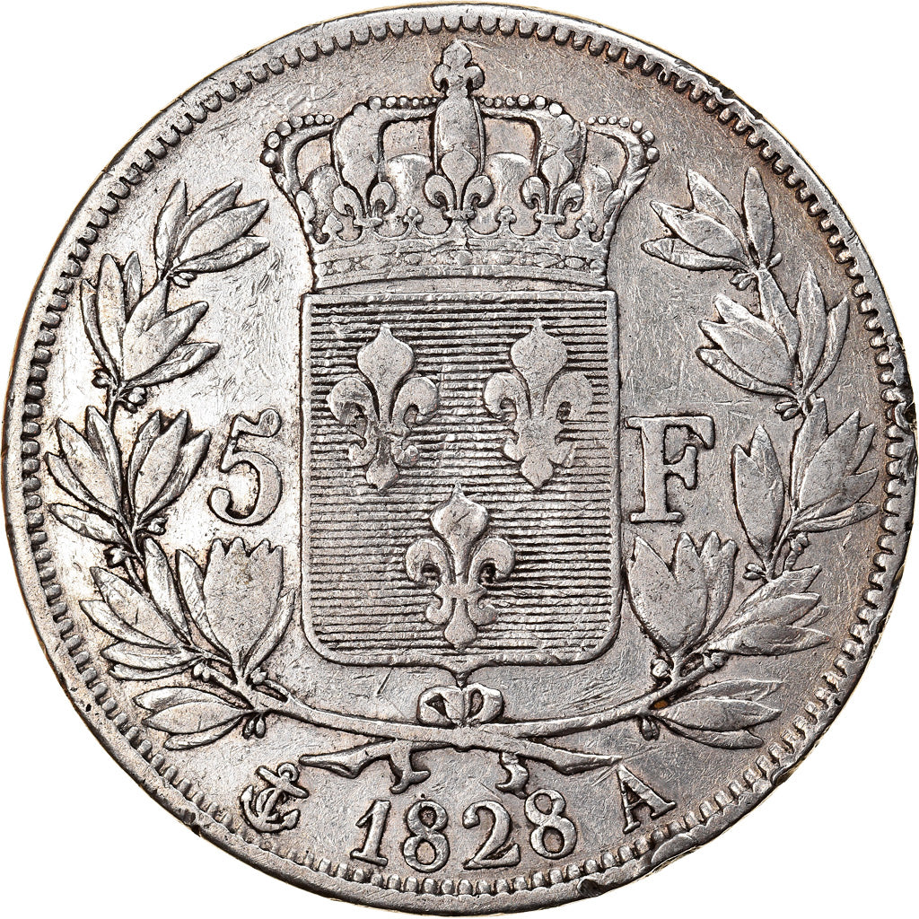 Moneta, Francja, Charles X, 5 Francs, 1828, Paris, VF(30-35), Srebro, KM:728.1