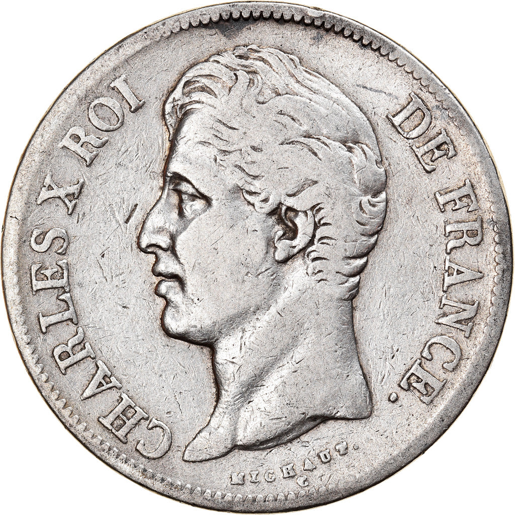 Moneda, Francia, Charles X, 5 Francs, 1829, Paris, BC+, Plata, KM:728.1