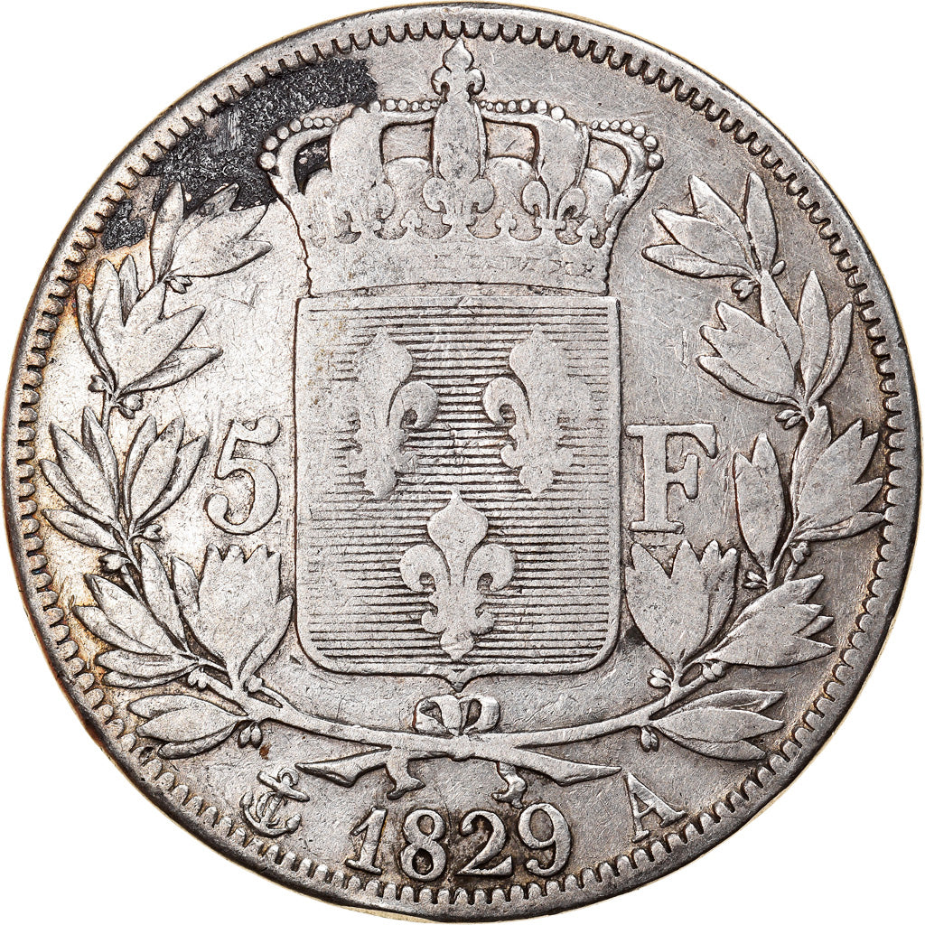 Moneda, Francia, Charles X, 5 Francs, 1829, Paris, BC+, Plata, KM:728.1