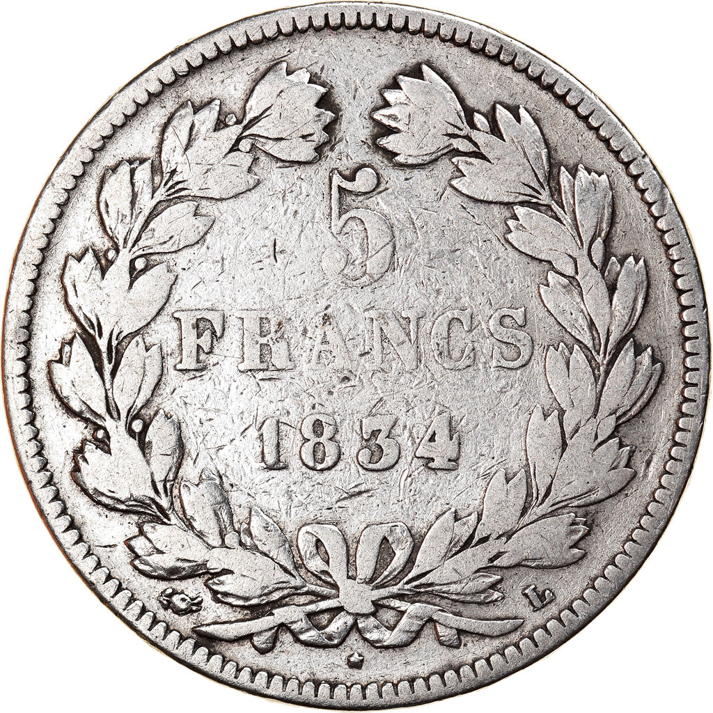 Coin, France, Louis-Philippe, 5 Francs, 1834, Bayonne, VF(20-25), Silver