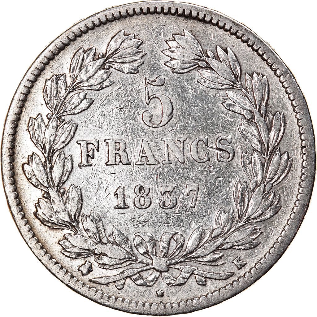 Coin, France, Louis-Philippe, 5 Francs, 1837, Bordeaux, VF(30-35), Silver