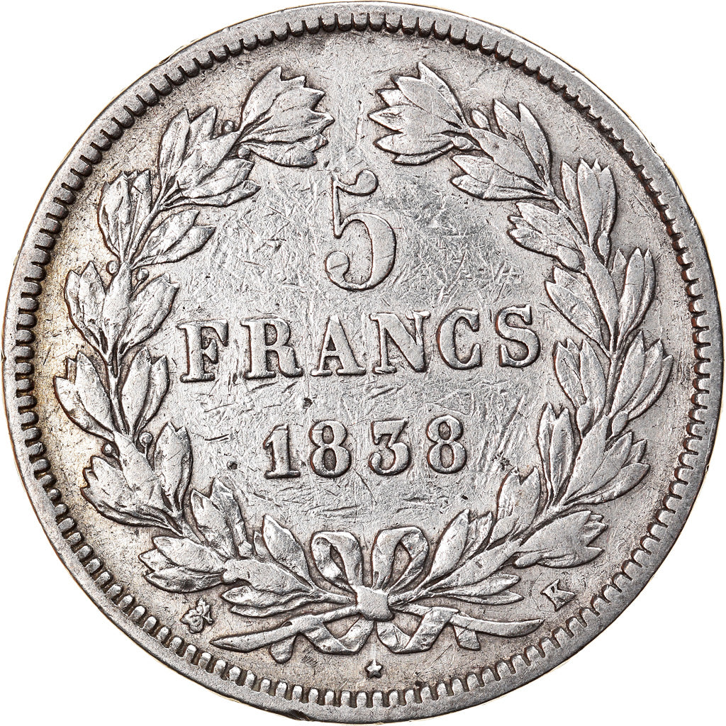 Coin, France, Louis-Philippe, 5 Francs, 1838, Bordeaux, VF(20-25), Silver